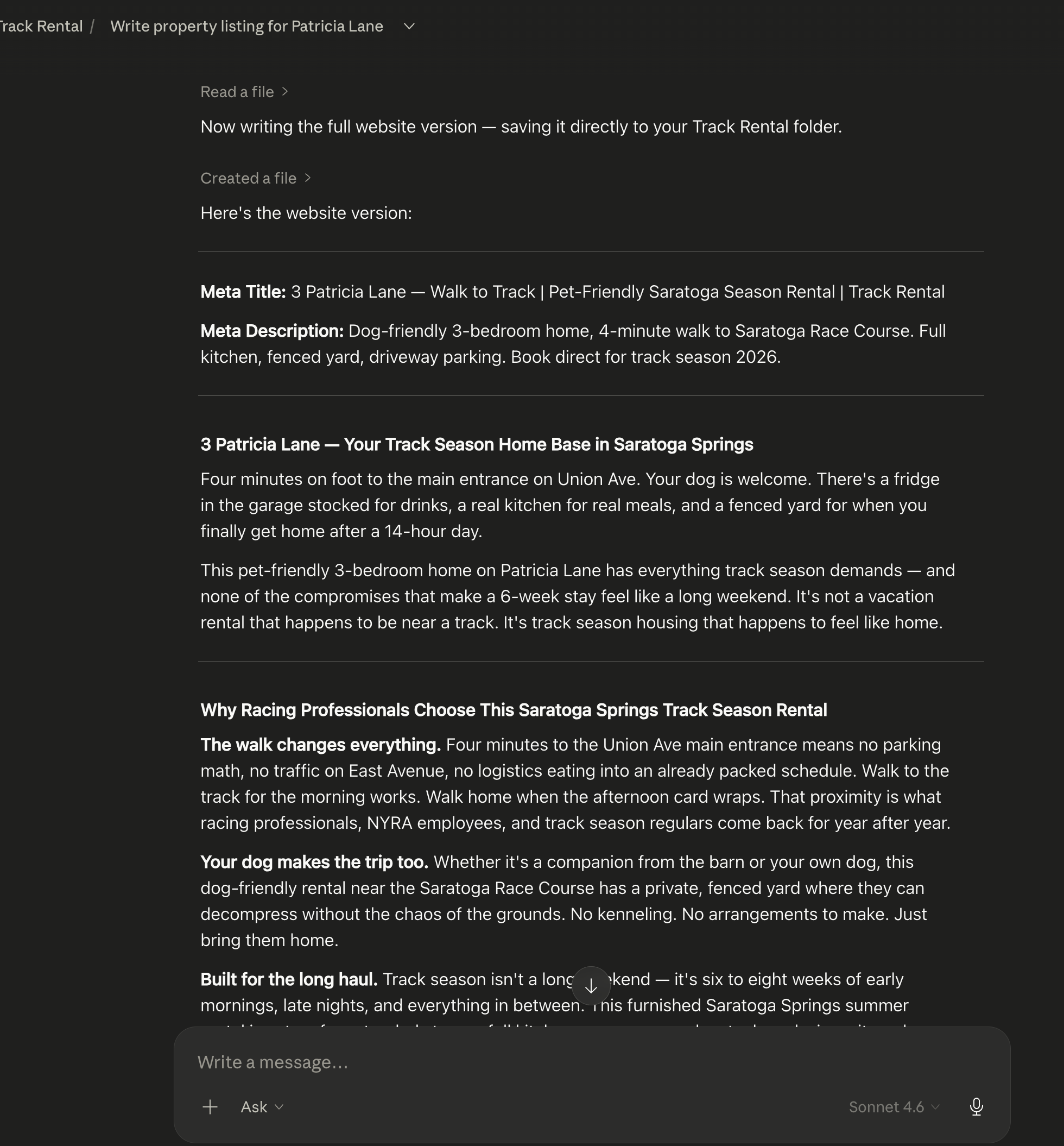 The finished listing description with meta title, branded heading, and racing-professional positioning
