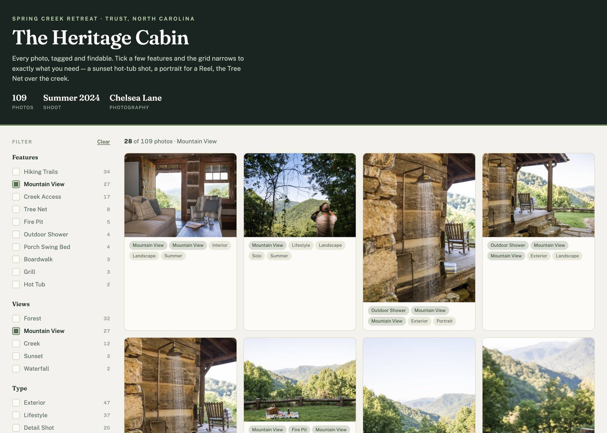 A filterable photo gallery of a vacation rental cabin, with checkboxes for features like mountain view, hot tub, and fire pit